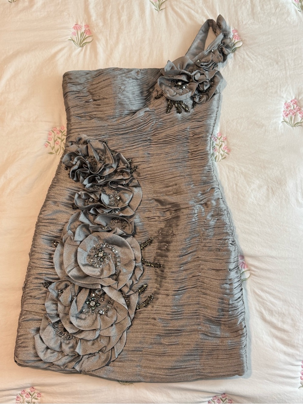 May Queen One-Shoulder Metallic Silver Floral Appliqué Dress